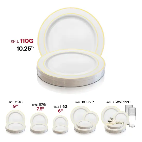 White with Gold Edge Rim Plastic Dinner Plates - 10.25" (120 Plates) {6}
