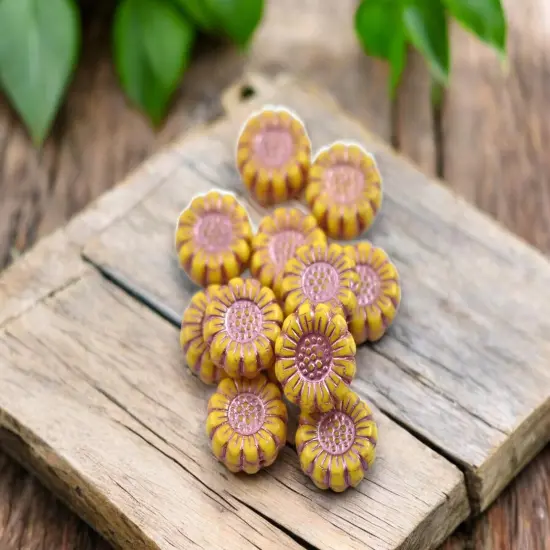 *12* 13mm Metallic Pink Washed Opaque Yellow Sunflower Coin Beads {3}