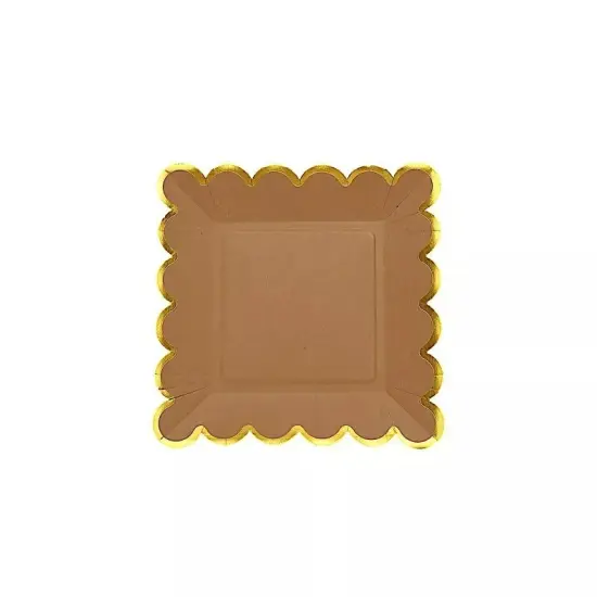 25 Natural 7" Square Disposable Salad Paper PLATES Gold Scalloped Trim Party {1}