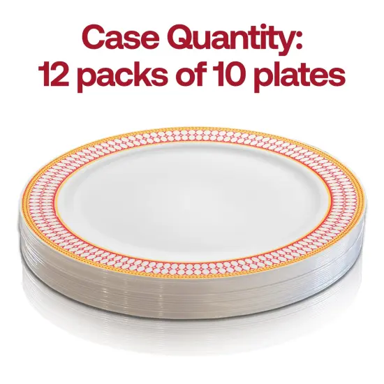 White with Red and Gold Chord Rim Plastic Dinner Plates - 10.25" (120 Plates) {7}
