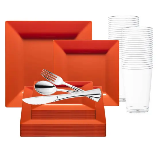 Burnt Orange Square Plastic Plates Wedding Value Set (120 Settings) {1}