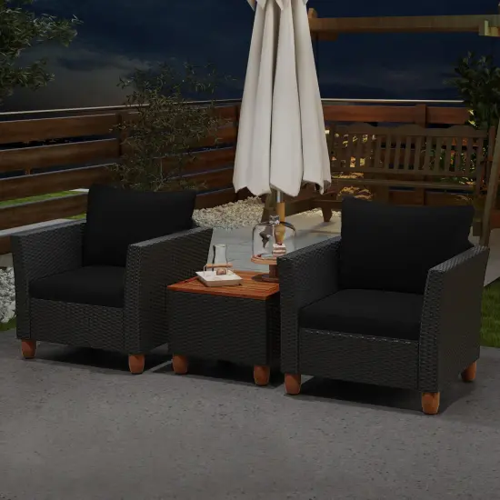 Costway 3 PCS Outdoor Patio Rattan Bistro Furniture Set Wooden Table Top Cushioned Sofa Black Brown {5}