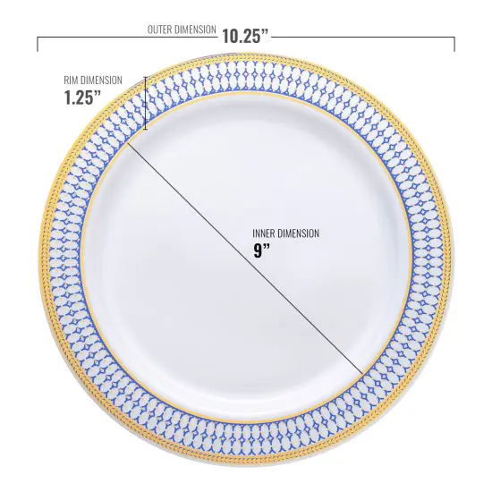 White with Blue and Gold Chord Rim Plastic Dinner Plates - 10.25" (120 Plates) {5}