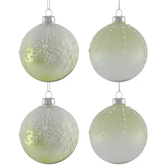 Northlight Snowflakes Shiny Glass Ball Christmas Ornaments - 3" (80mm) - Green and White- 4ct {3}