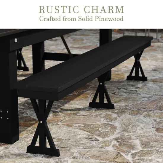 Merrick Lane Tinsley 8' x 12" Solid Pine Folding Farmhouse Style Bench, Rustic Pinewood Folding Dining Bench with Locking X-Legs Black Wash {3}