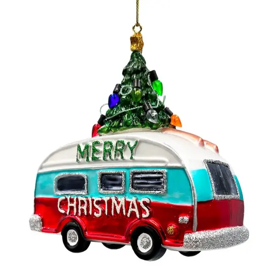 Camping RV Glass Christmas Ornament, Camper Trailer Motorhome Traveler Gift {1}