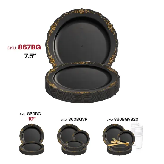 Black with Gold Vintage Rim Round Disposable Plastic Appetizer/Salad Plates - 7.5" (120 Plates) {6}