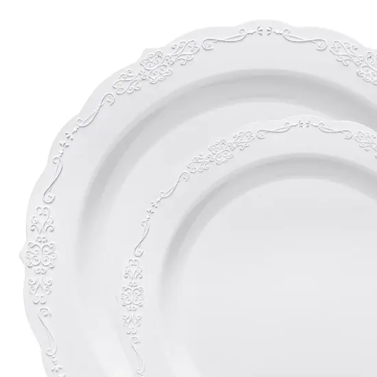 White Vintage Round Disposable Plastic Dinnerware Value Set (120 Guests) {1}