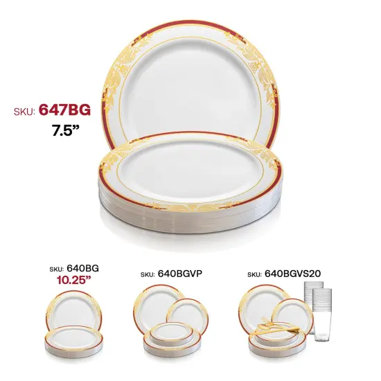 White with Burgundy and Gold Harmony Rim Plastic Appetizer/Salad Plates - 7.5" (120 Plates) {6}
