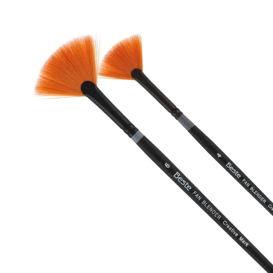 Creative Mark Beste Golden Taklon Fan Blender Set of 2 Artist Brush, Professional Watercolor Brushes, For Acrylic Painting, Short Handle, Sharp Edges, Hand-Tied & Shaped {1}