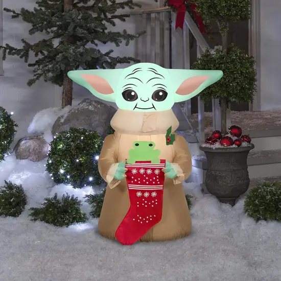 3.5' Gemmy Airblown Inflatable Christmas Star Wars Baby Yoda w/ Frog in Stocking Yard Decoration 116019 {2}