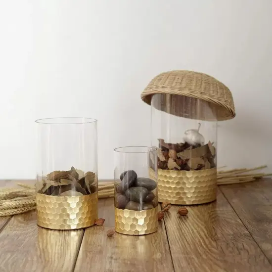 3 pcs Clear Gold Honeycomb Trim Glass Cylinder Vases Wedding Party {2}