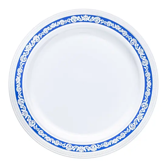 White with Blue and Silver Royal Rim Plastic Dinner Plates - 10.25" (120 Plates) {2}