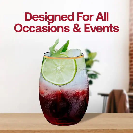 Clear with Gold Elegant Stemless Plastic Wine Glasses - 16 oz. (64 Glasses) {6}