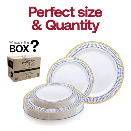 White with Blue and Gold Chord Rim Plastic Dinnerware Value Set (120 Guests) {5}