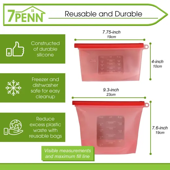 7Penn Silicone Food Storage Bag 500mL and 1000mL - 2pk Red Reusable Food Bags {5}
