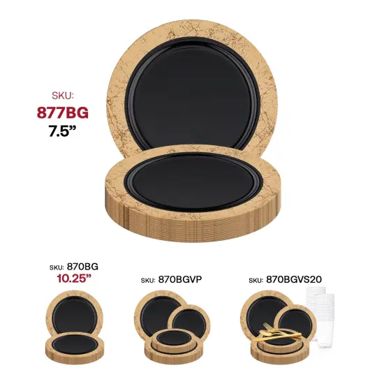 Black with Gold Marble Rim Disposable Plastic Appetizer/Salad Plates - 7.5" (120 Plates) {6}