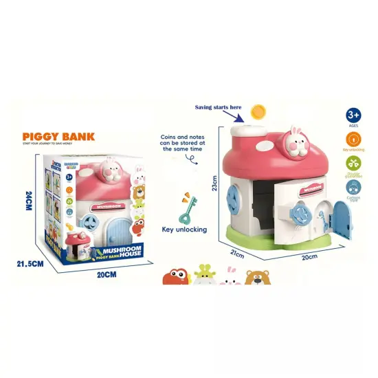 Kitcheniva Kids Cartoon Mushroom House Piggy Bank Key Lock Saving Cash Coin Money Can Toy Pink {4}