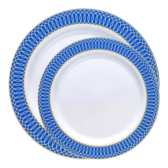 White with Gold Spiral on Blue Rim Plastic Dinnerware Value Set (120 Guests) {2}