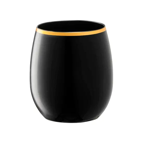 Black with Gold Elegant Stemless Plastic Wine Glasses - 12 oz. (64 Glasses) {1}