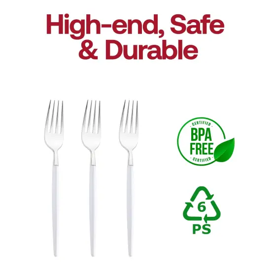Silver with White Handle Moderno Disposable Plastic Dinner Forks (240 Forks) {4}