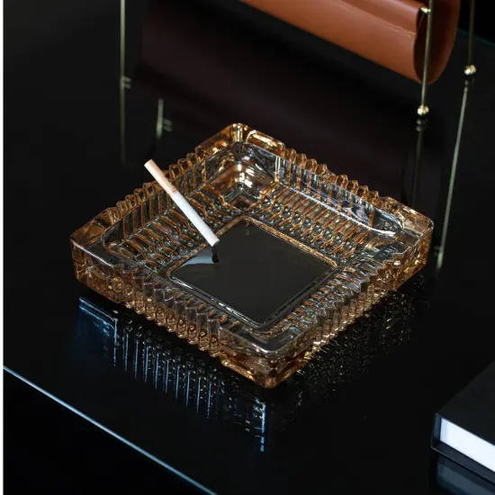 Basicwise Luxury Large Glass Ashtray with 4 Slots for Cigarettes and Cigars, Transparent Square Design for Men - Ideal for Home, Office and Tabletop Decoration - Perfect for Indoor and Outdoor Use {3}