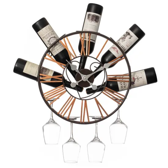 Vintiquewise Wall-Mounted Clock Design Wine Holder with Stemware Rack - Unique Shelf for Champagne, White & Red Wine Organizer with 4 Glass Holders, Wine Bottle Display for Home, Kitchen and Bar Decor {1}