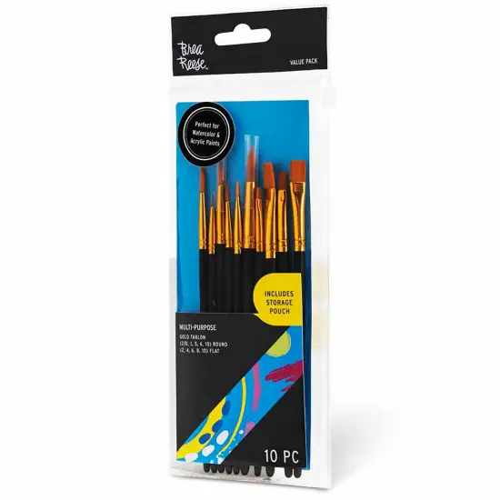 Brea Reese: Brush Set: Value Pack - 10pc - Gold Taklon Bristles, Storage Pouch, Perfect for Watercolor & Acrylic Paints, Adult Art Supplies {7}