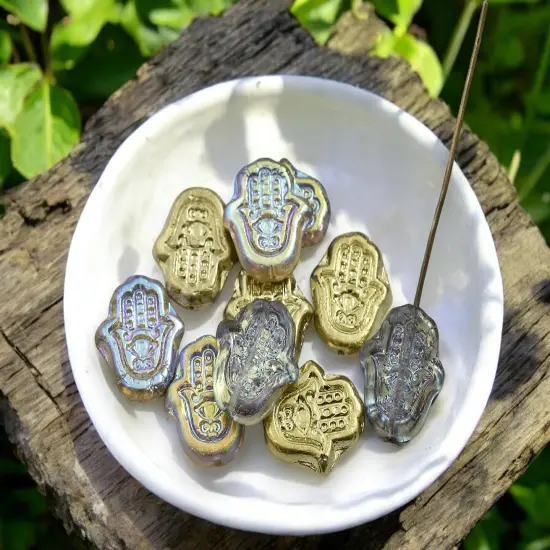 *10* 15x10mm Gold Lustered Washed Crystal Hamsa Hand Beads {4}
