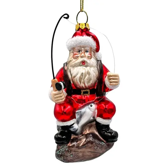 Relaxing Santa Claus Fishing Ornament, Hand Blown Glass Fisherman Gift Decor {1}