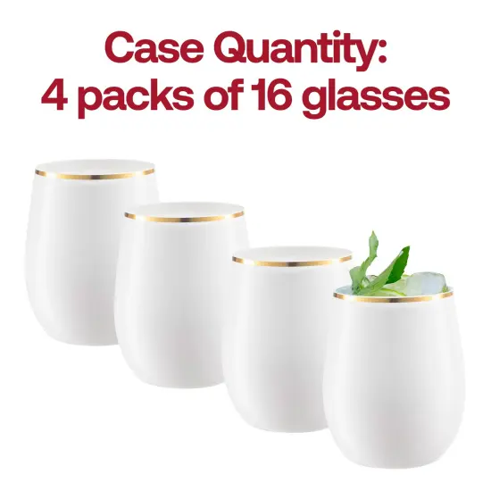 White with Gold Elegant Stemless Plastic Wine Glasses - 12 oz. (64 Glasses) {5}