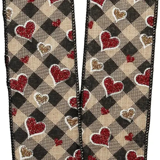 Glitter Hearts on Plaid Wired Ribbon 2.5" x 10 Yards {5}