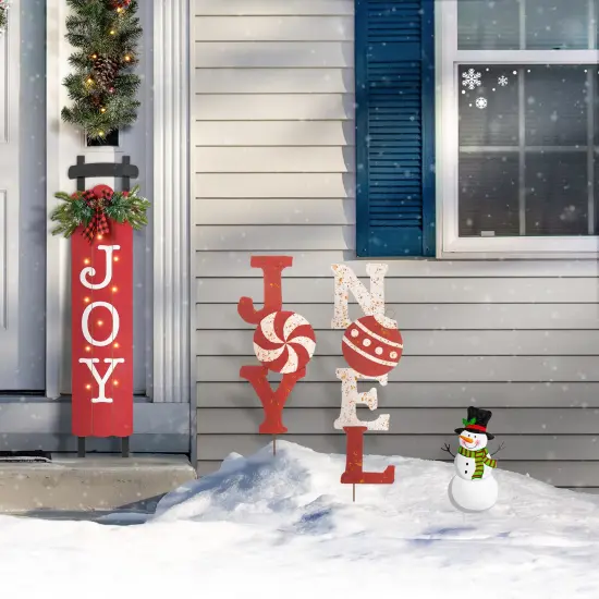 Set of 2 Metal JOY & NOEL Ornament Yard Stake or Wall Decor 2PCS "Green & Red" {8}