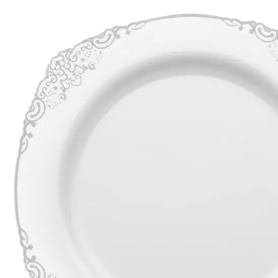 White with Silver Fancy Round Disposable Plastic Salad Plates - 7.5" (120 Plates) {1}