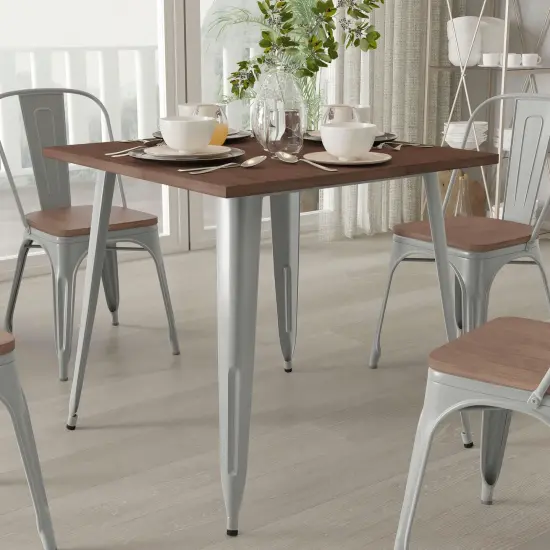 Merrick Lane Modern 31.5" Square Metal Table with Rustic Wood Top for Indoor Use Black {9}