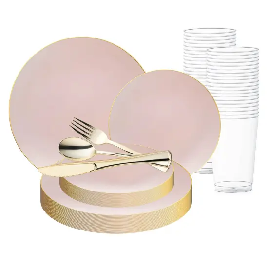 Pink with Gold Organic Round Disposable Plastic Wedding Value Set (20 Settings) {1}