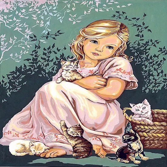 Needlepoint canvas for halfstitch without yarn Canvas Little Girl with Cats SE929.116 Seg De Paris Printed Tapestry Canvas {1}
