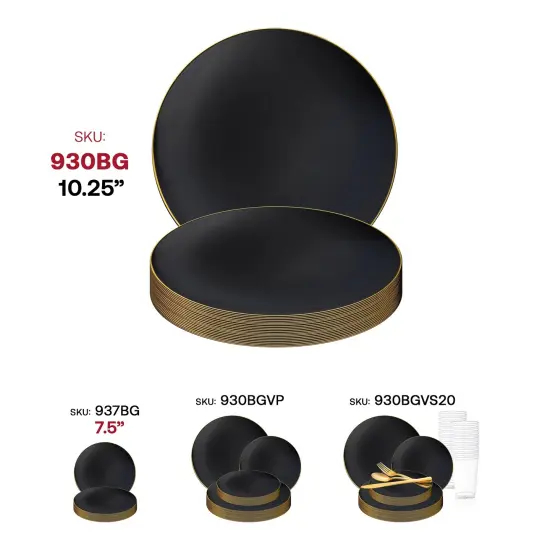 Black with Gold Rim Organic Round Disposable Plastic Dinner Plates - 10.25" (120 Plates) {6}