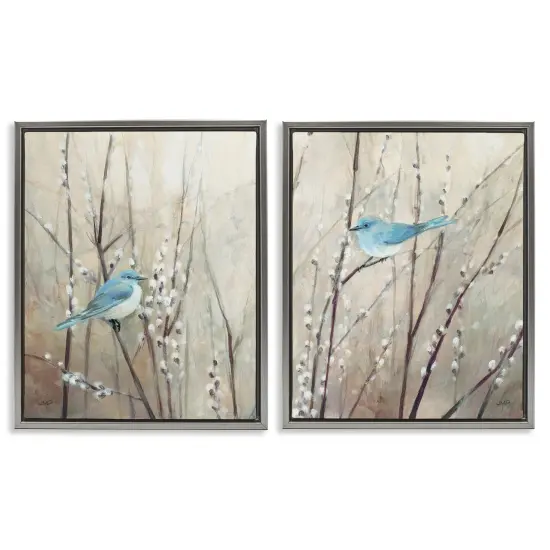 Stupell Industries Peaceful Perched Blue Birds Framed Floater Canvas Wall Art Gray Floater Frame {1}