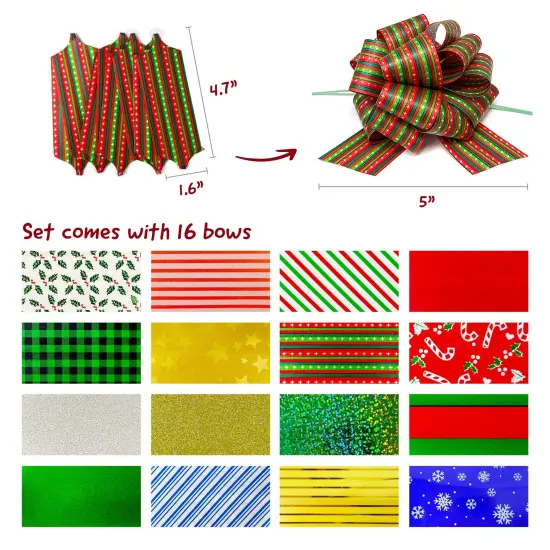 Wrapables Large 5 inch Christmas Pull Bows, Ribbon Bows for Gift Wrapping, Xmas Decorations (16pcs), Holiday Colors {2}