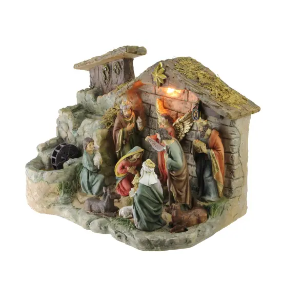 Northlight 11-Piece Pre-Lit Brown Christmas Nativity Figurine Set with Water Fountain 11" - Warm White Light {4}
