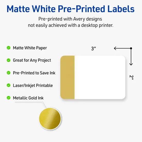 Avery Printable Rectangle Labels, Gold-Dipped Edge, 2" x 3", Matte White Rectangle Labels, Permanent, Laser/Inkjet, 80ct, Great for Product Labels {2}