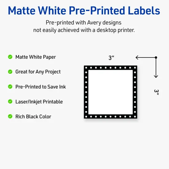 Avery Printable Square Labels, Black and White Polka Dots, 3" x 3", Matte White Square Labels, Permanent, Laser/Inkjet, 60ct, Great for Product Labels {2}