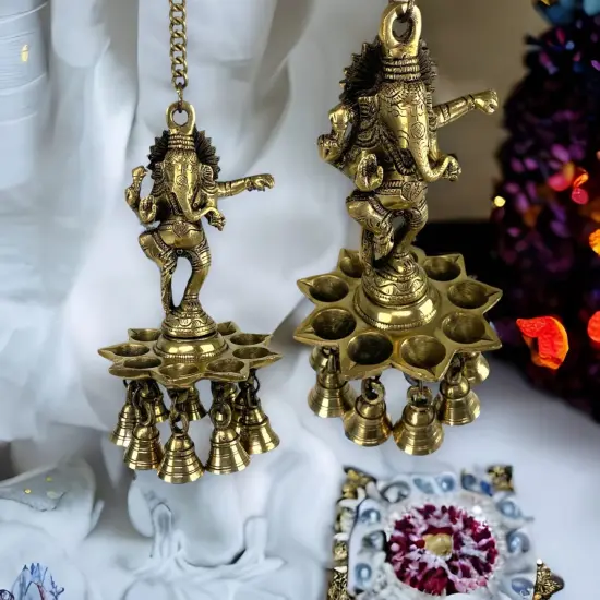 Brass Ganesha Wall Hanging Diya with Bells Ganesh Hanging Idol Oil Lamp Diya for Home Temple Mandir Office Diwali Decor Kathu Vilakku Puja Diyas - Deepawali Housewarming Return Gifts {1}