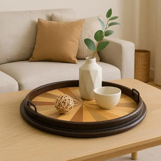 Round Wooden Serving Tray with Sunburst Inlay &ndash; 23.5" Decorative Tray with Black Rim & Handles {2}