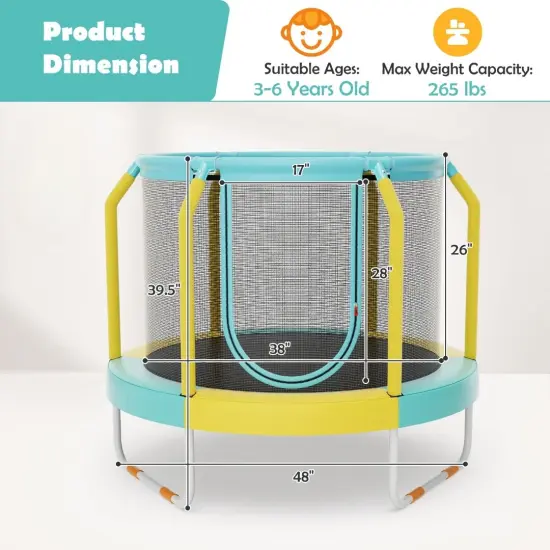 Kids Trampoline with Safety Net, Silent Bungees and 265 lbs Capacity {6}