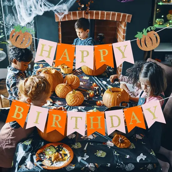Pink Gold Happy Birthday Pumpkin Banner for Fall Party Decorations {3}