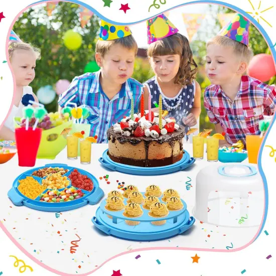 Cake Carrier with Lid and Handle 11inch Round Cake Carrier Portable Cake Stand Plastic Pie Carrier Cake Storage Container for Transport Cakes, Pies (Blue) {5}