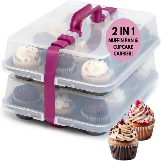 Cupcake Carrier for 24 Cupcakes - Innovative Cupcake Holder includes 2 Cupcake Pans with Lid and Handle - Cupcake Travel Container Carries 12 or 24 Standard-Size Cupcakes for Storage Safely {1}