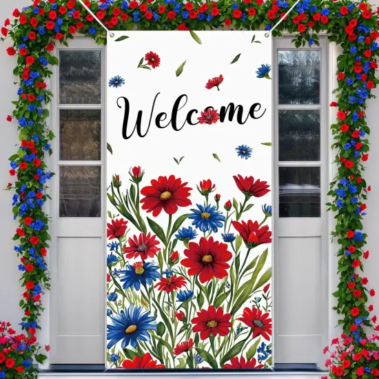 Welcome Door Cover Decorations Spring Summer Patriotic Flowers Front Door Banner Sign Hanging Door Decor for 4th of July Patriotic Activity Holiday Home Party Indoor Outdoor Independence Day Supplies {1}